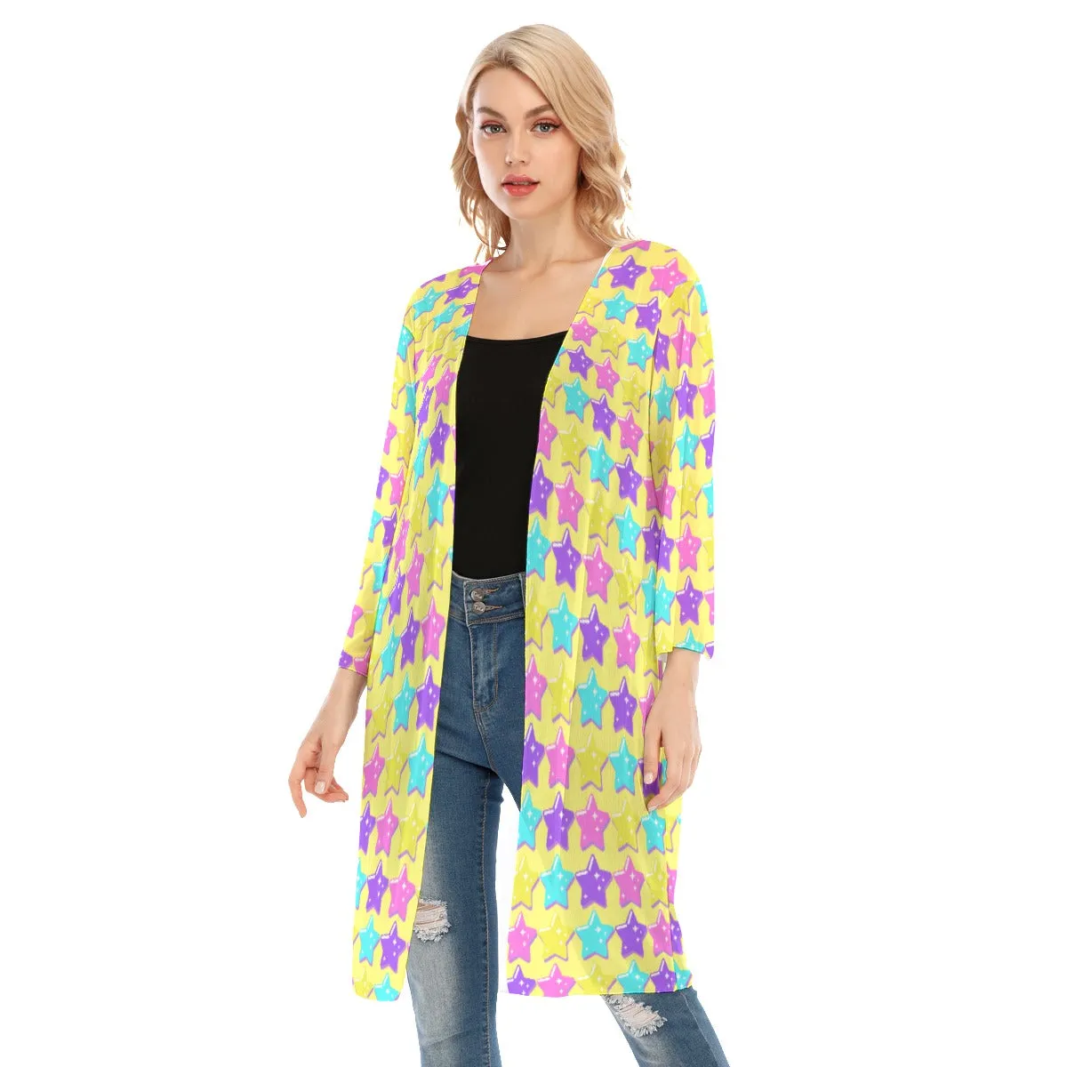 Electric Star Wave Yellow V-neck Mesh Cardigan