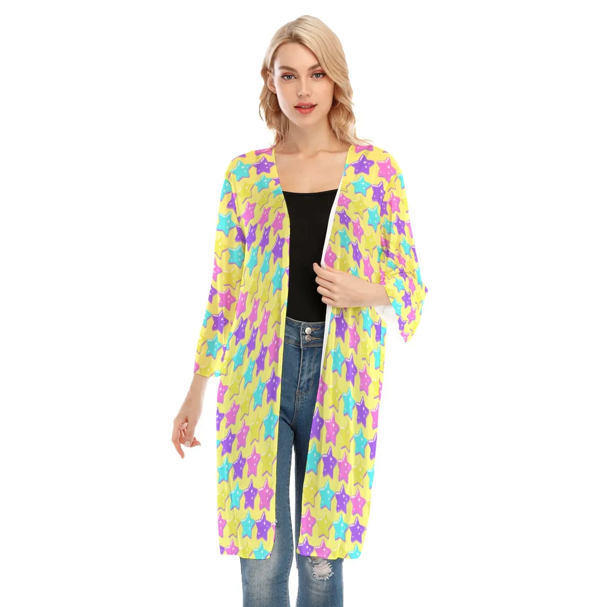 Electric Star Wave Yellow V-neck Mesh Cardigan