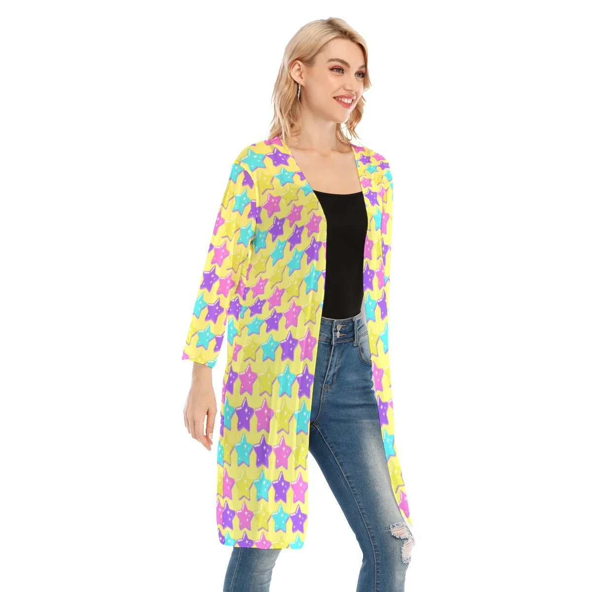 Electric Star Wave Yellow V-neck Mesh Cardigan