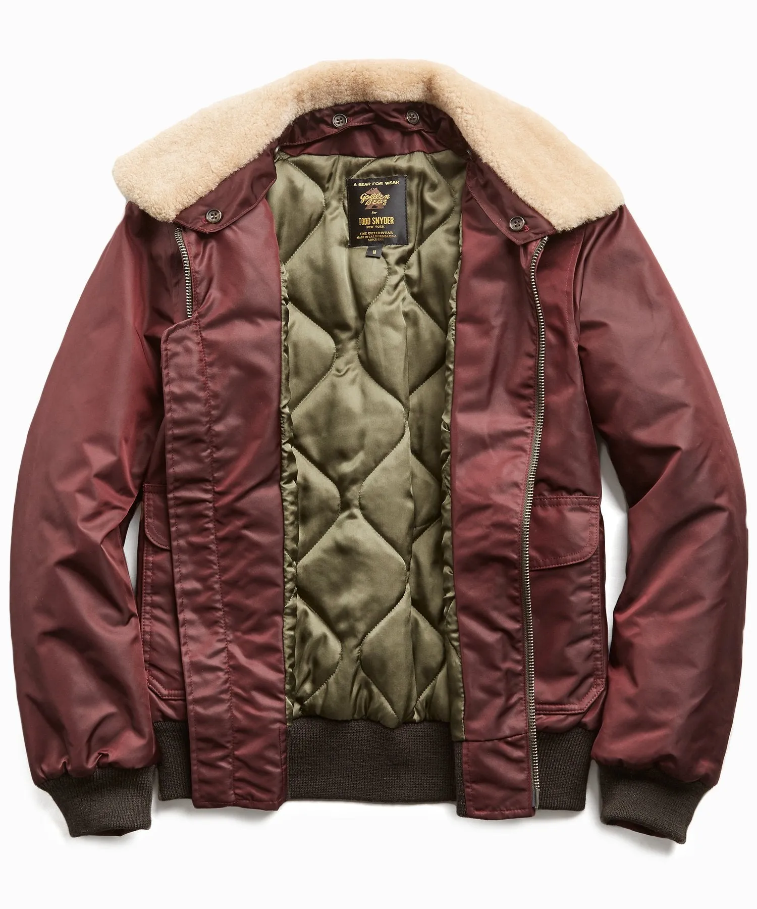 Exclusive Todd Snyder   Golden Bear Shearling Collar Bomber Jacket in Burgundy