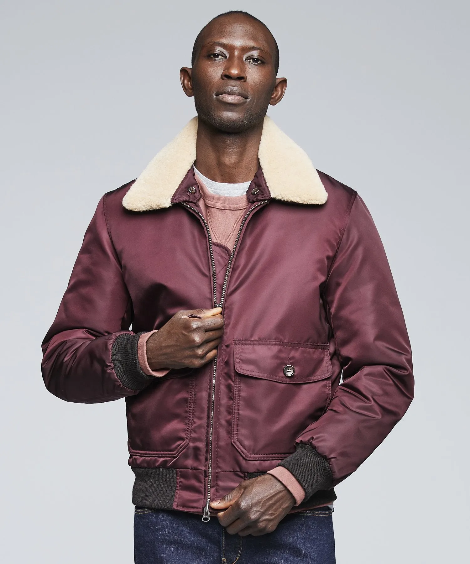 Exclusive Todd Snyder   Golden Bear Shearling Collar Bomber Jacket in Burgundy