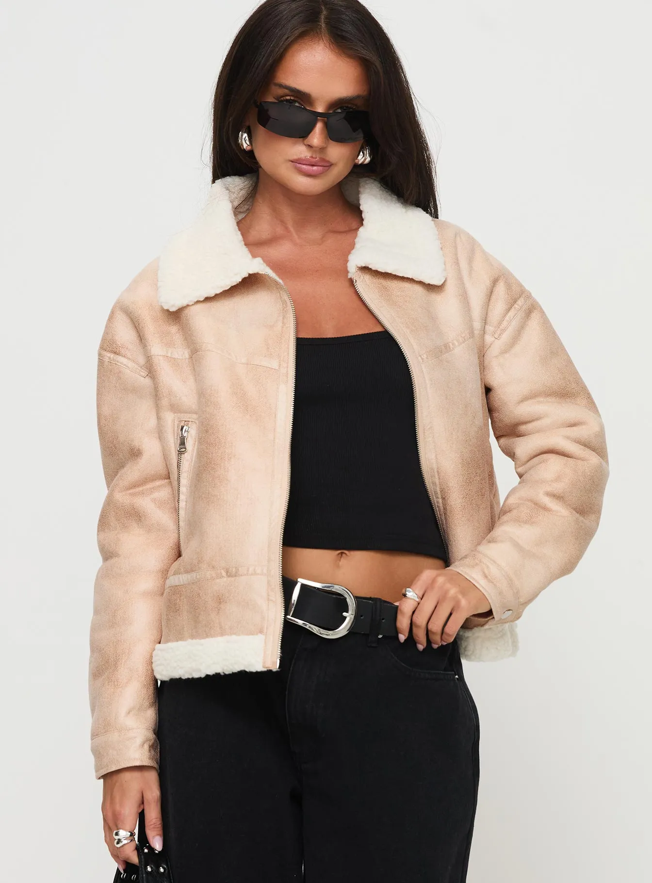 Fashionkova Solara Faux Leather Shearling Jacket Beige