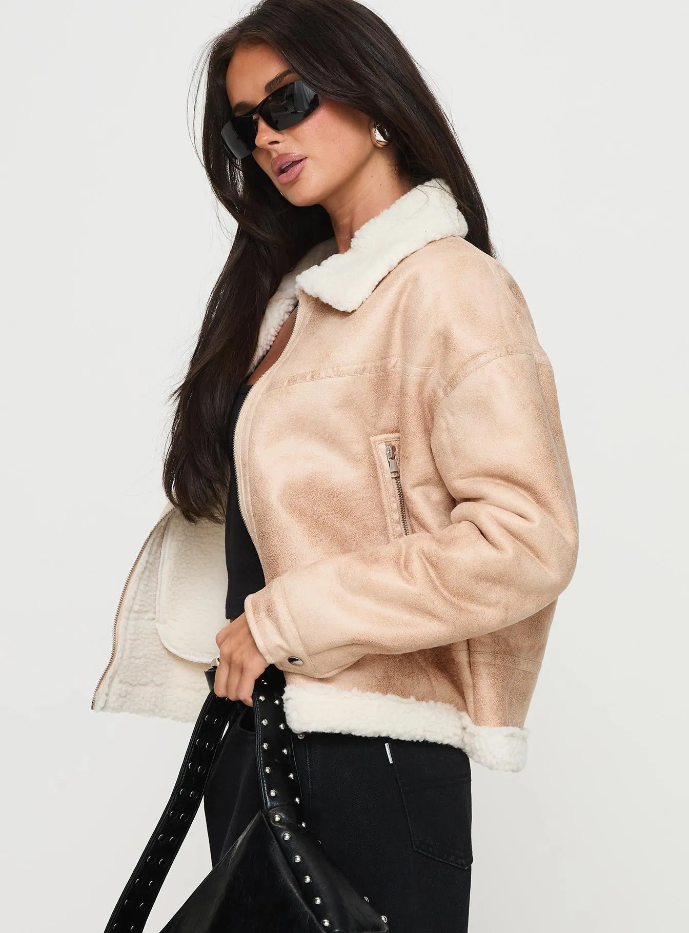 Fashionkova Solara Faux Leather Shearling Jacket Beige