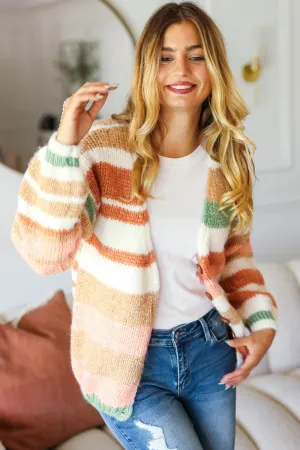 Full Size Button Down Striped Sweater Cardigan