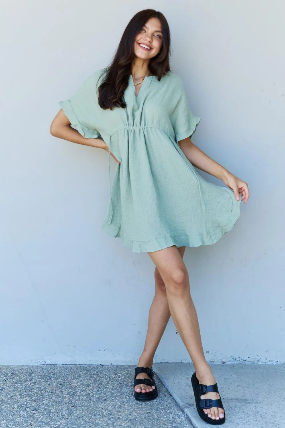 Full Size Ruffle Hem Dress in Light Sage