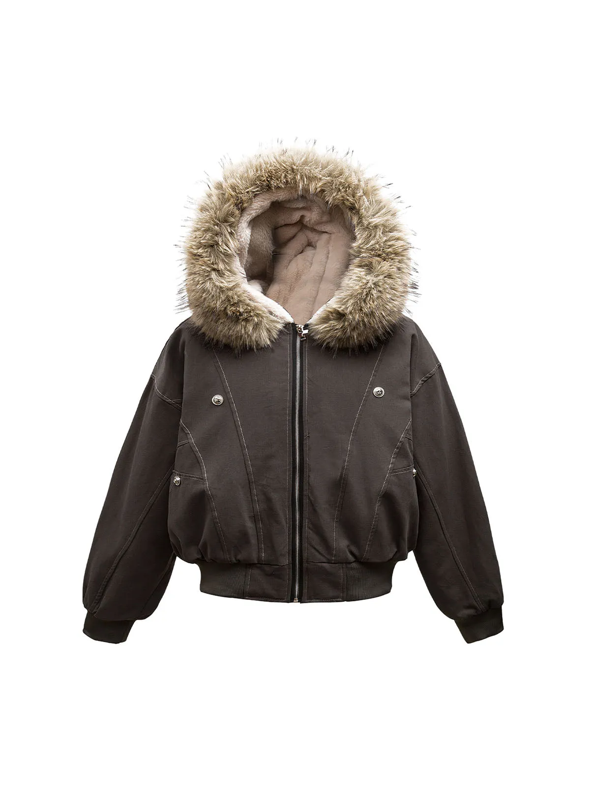 Fur Lined Zip Up Hooded Bomber Jacket