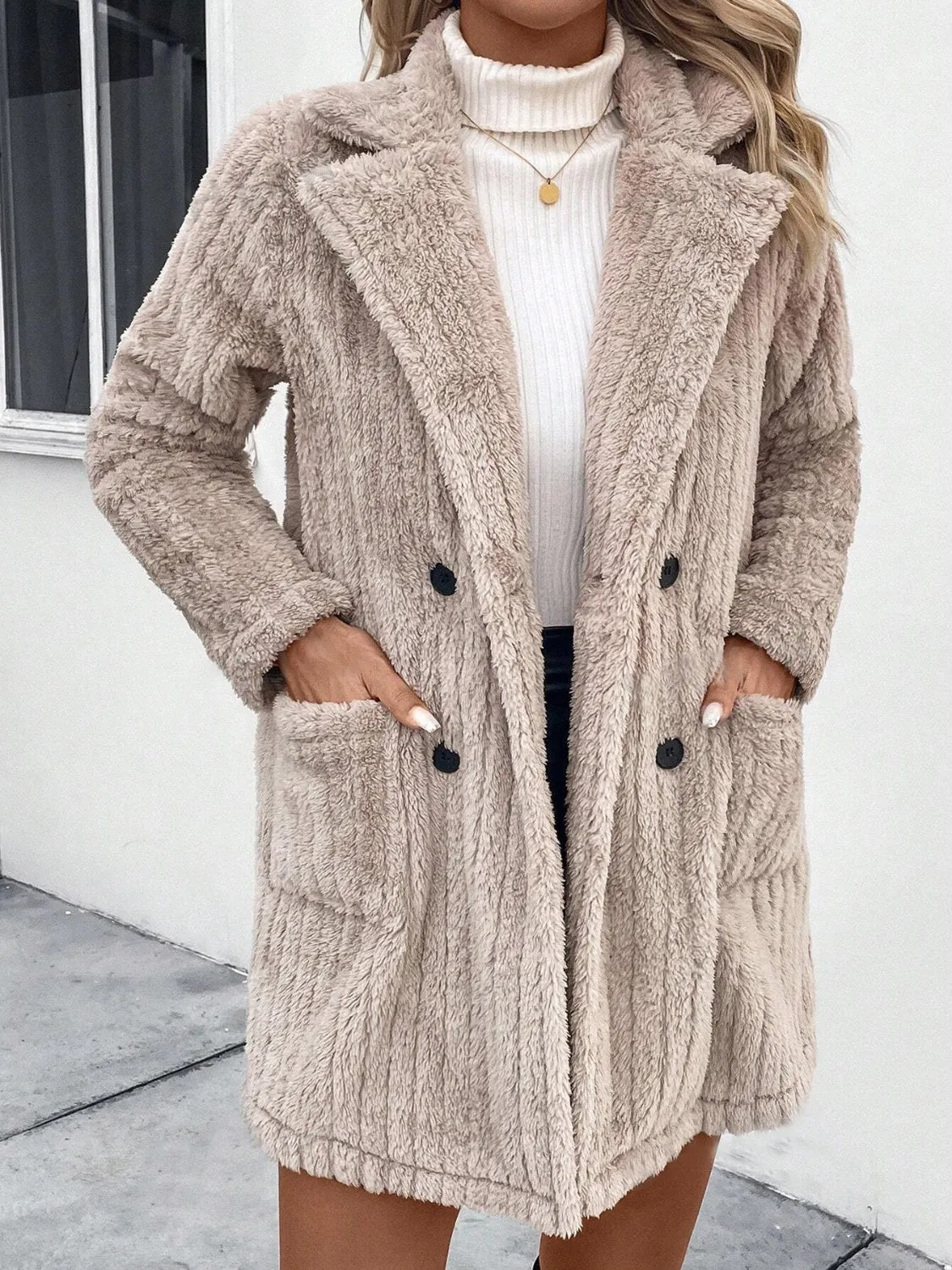 Fuzzy Button Up Long Sleeve Coat with Pockets