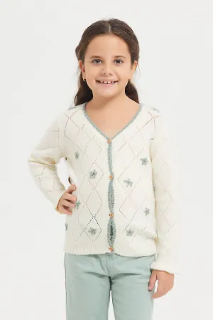 Girls Cream Button Front Cardigan