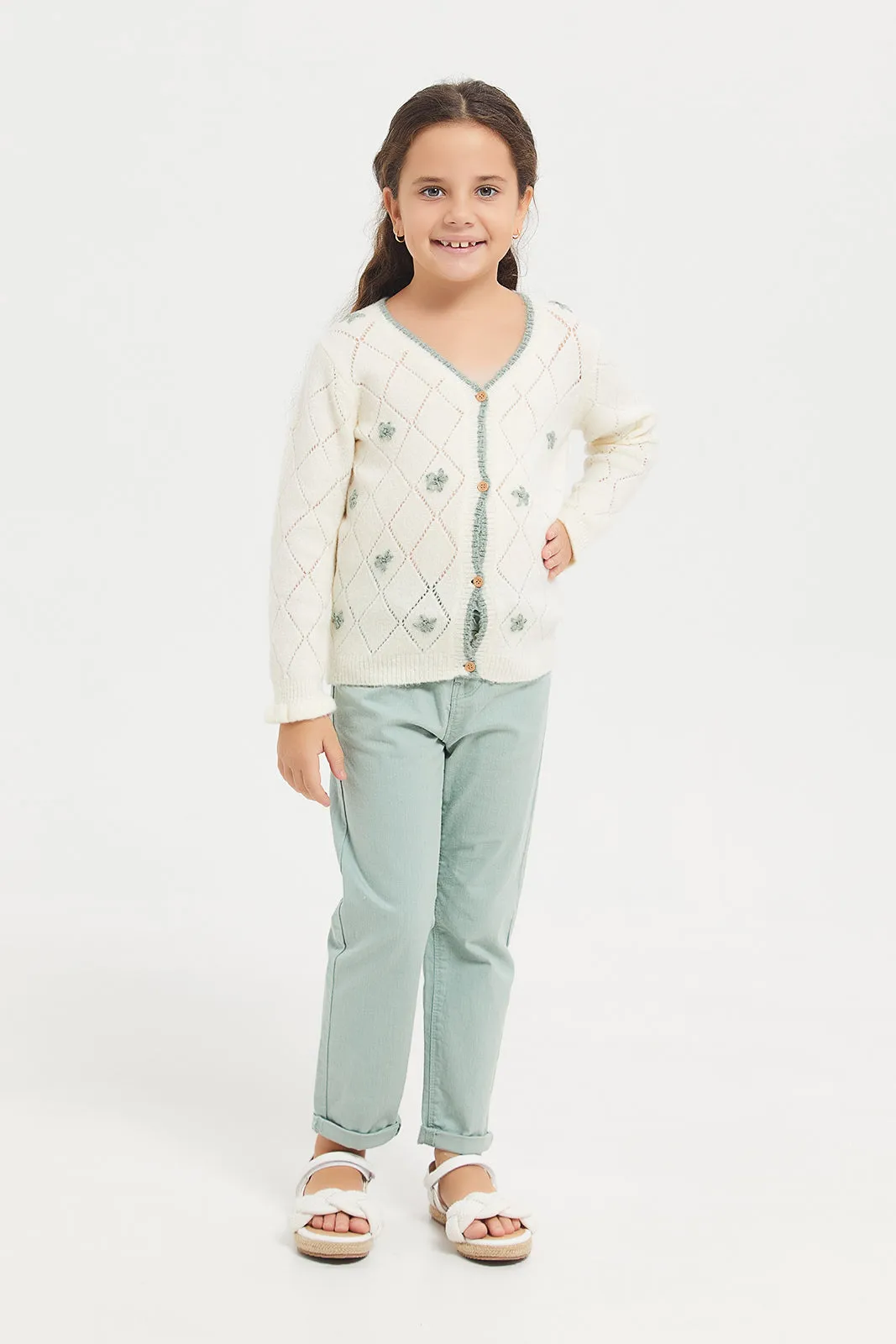 Girls Cream Button Front Cardigan