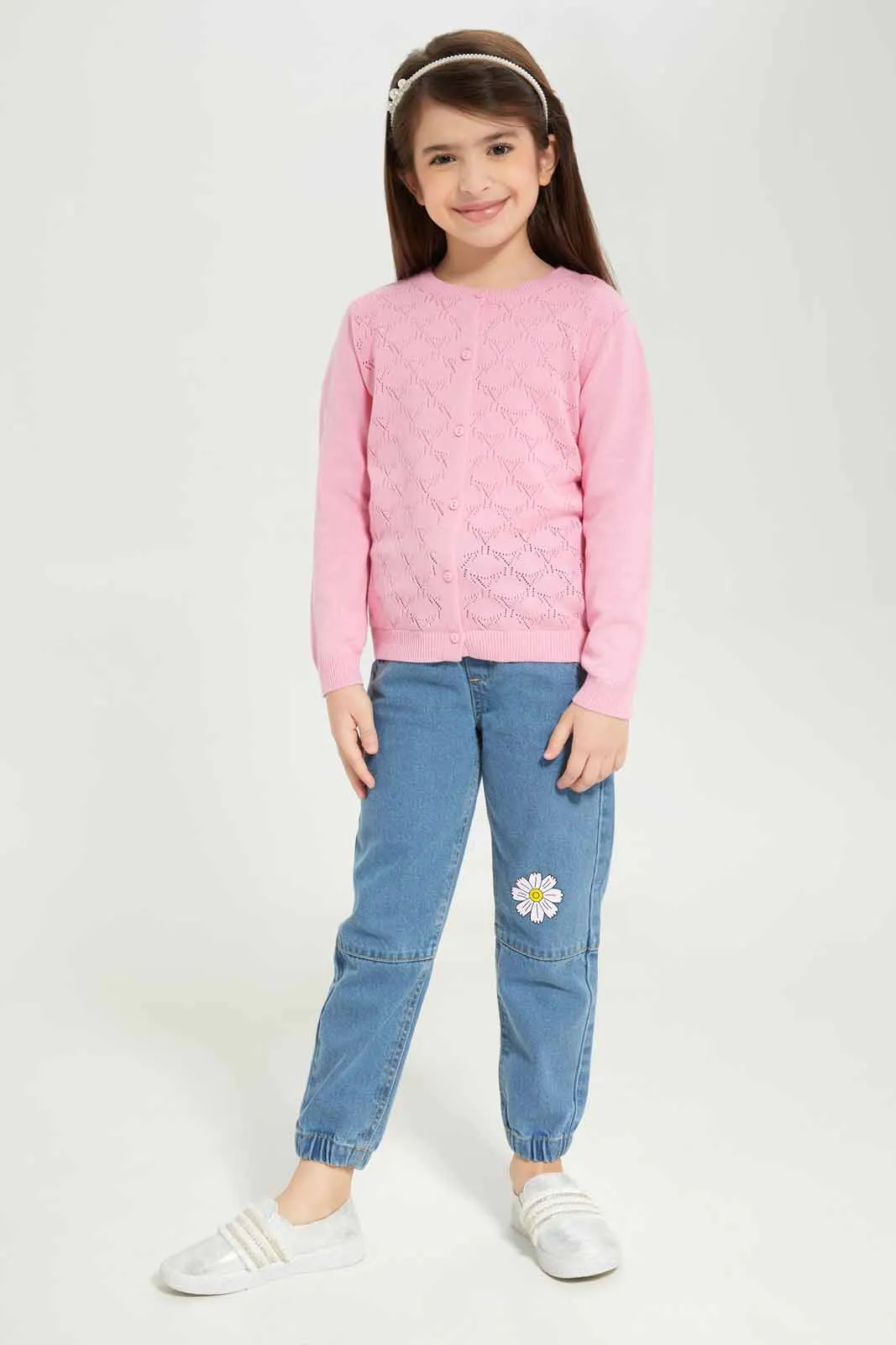 Girls Pink Jacquard Cardigan