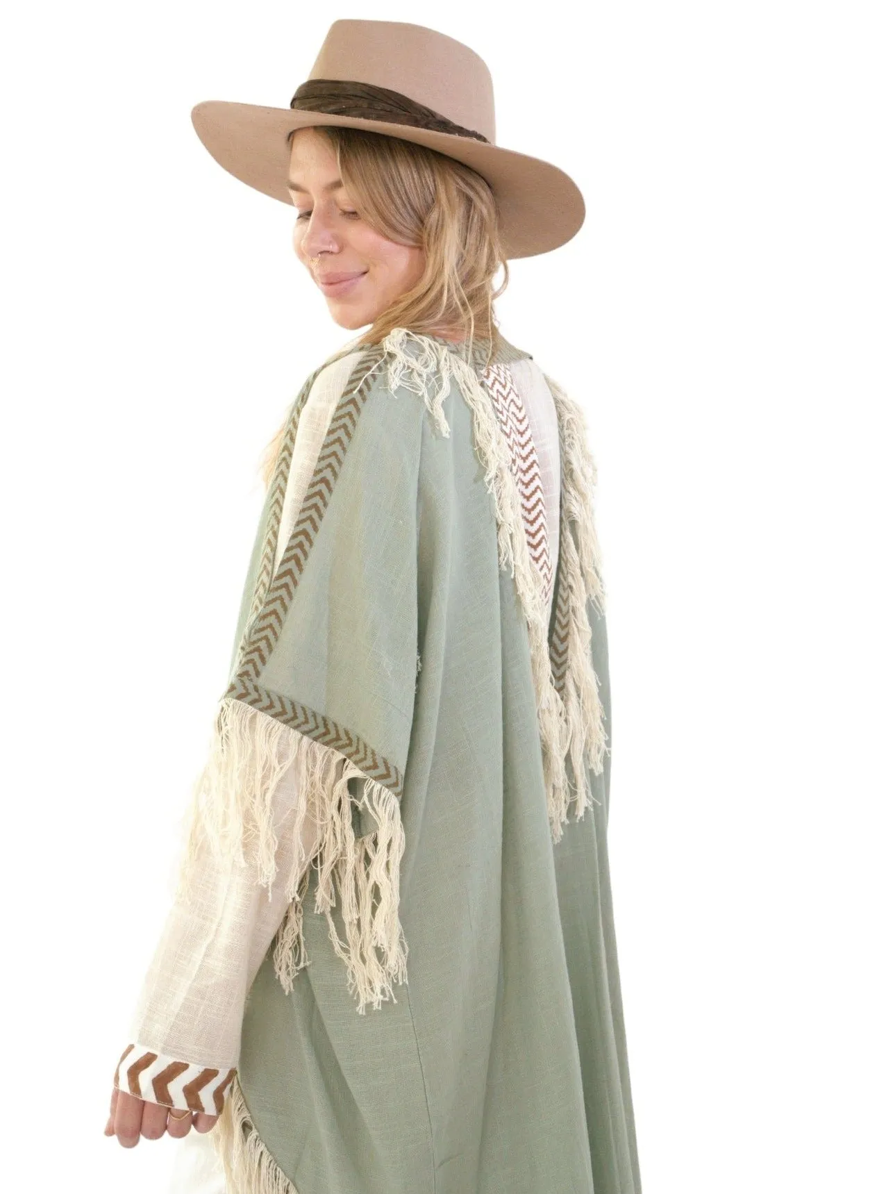 Green Sage Organic Cotton Shrug with Fringe