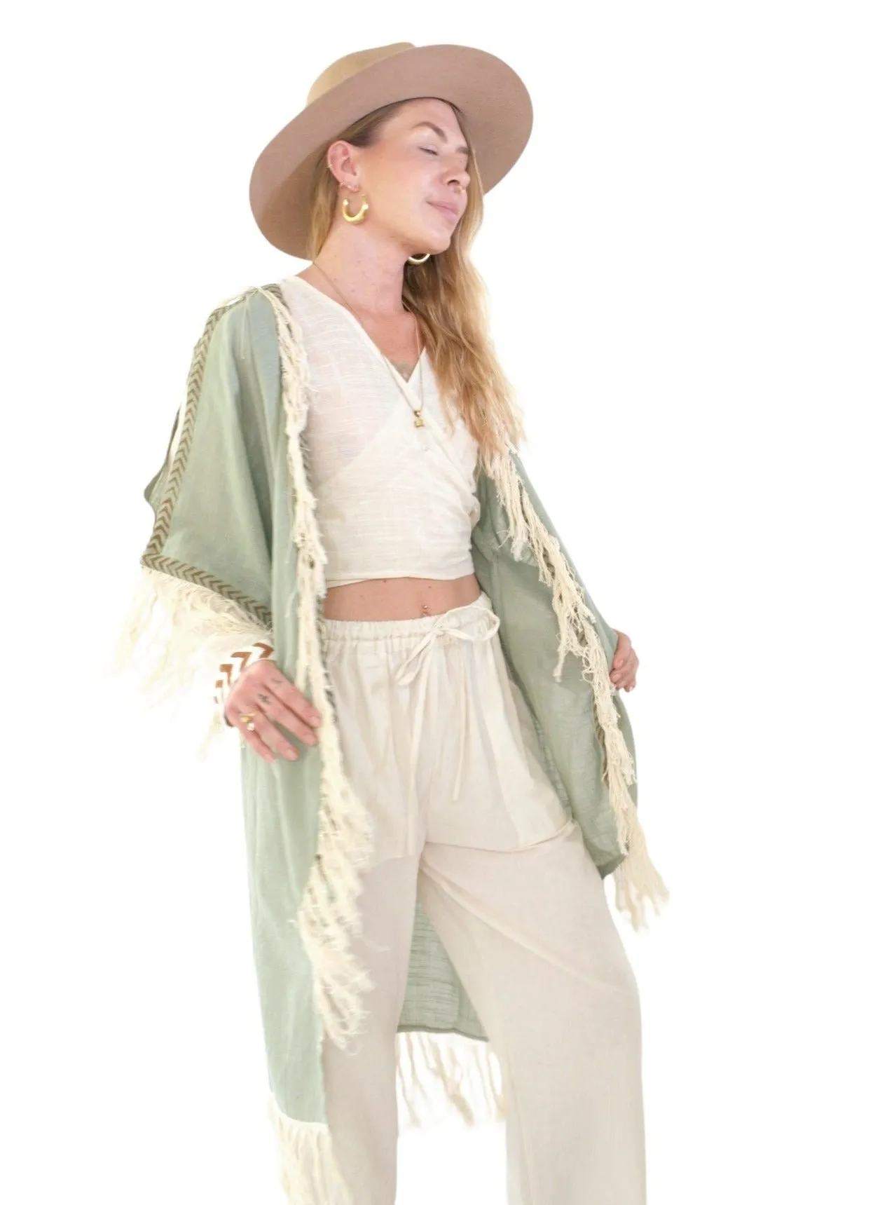 Green Sage Organic Cotton Shrug with Fringe