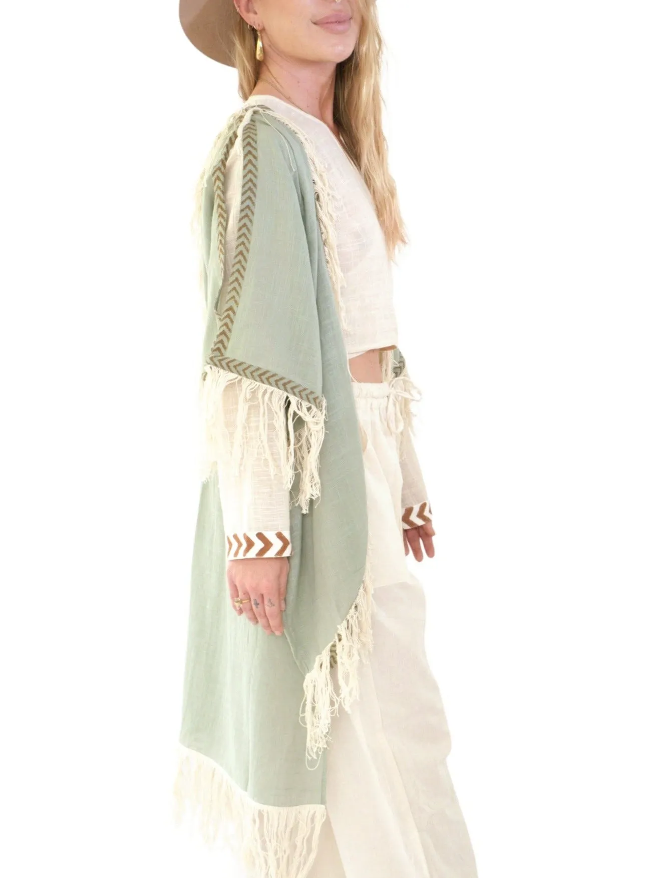 Green Sage Organic Cotton Shrug with Fringe