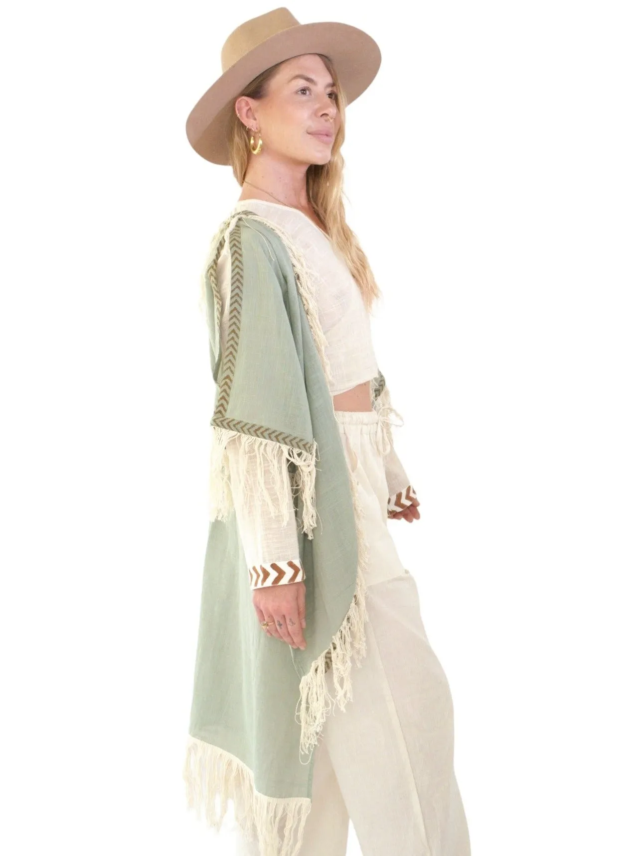 Green Sage Organic Cotton Shrug with Fringe