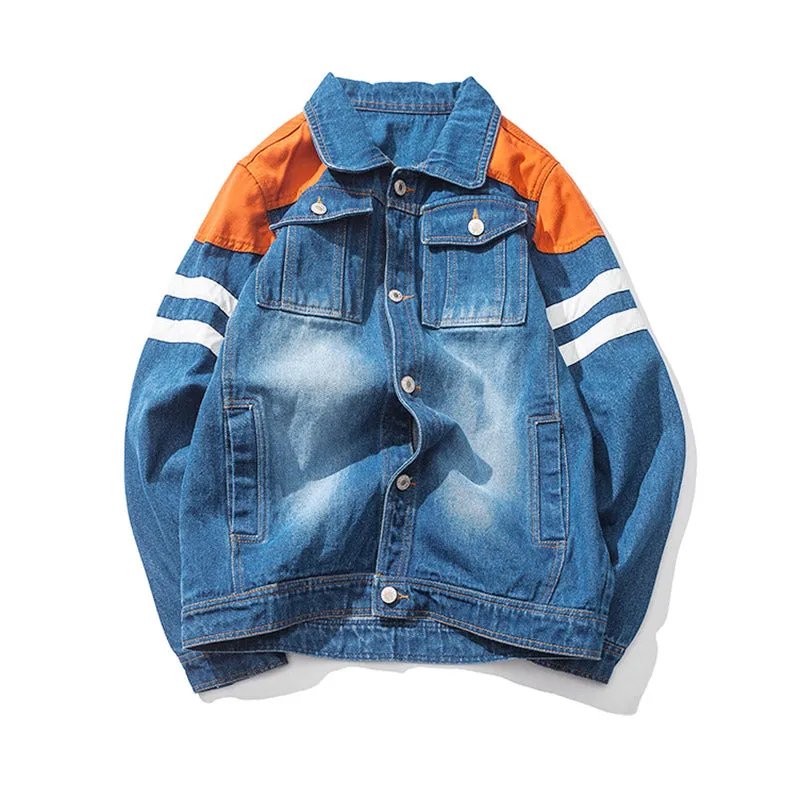 Harajuku Style Men Denim Jacket With Contrast Color Shoulder Patchwork Details