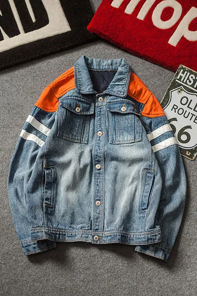 Harajuku Style Men Denim Jacket With Contrast Color Shoulder Patchwork Details