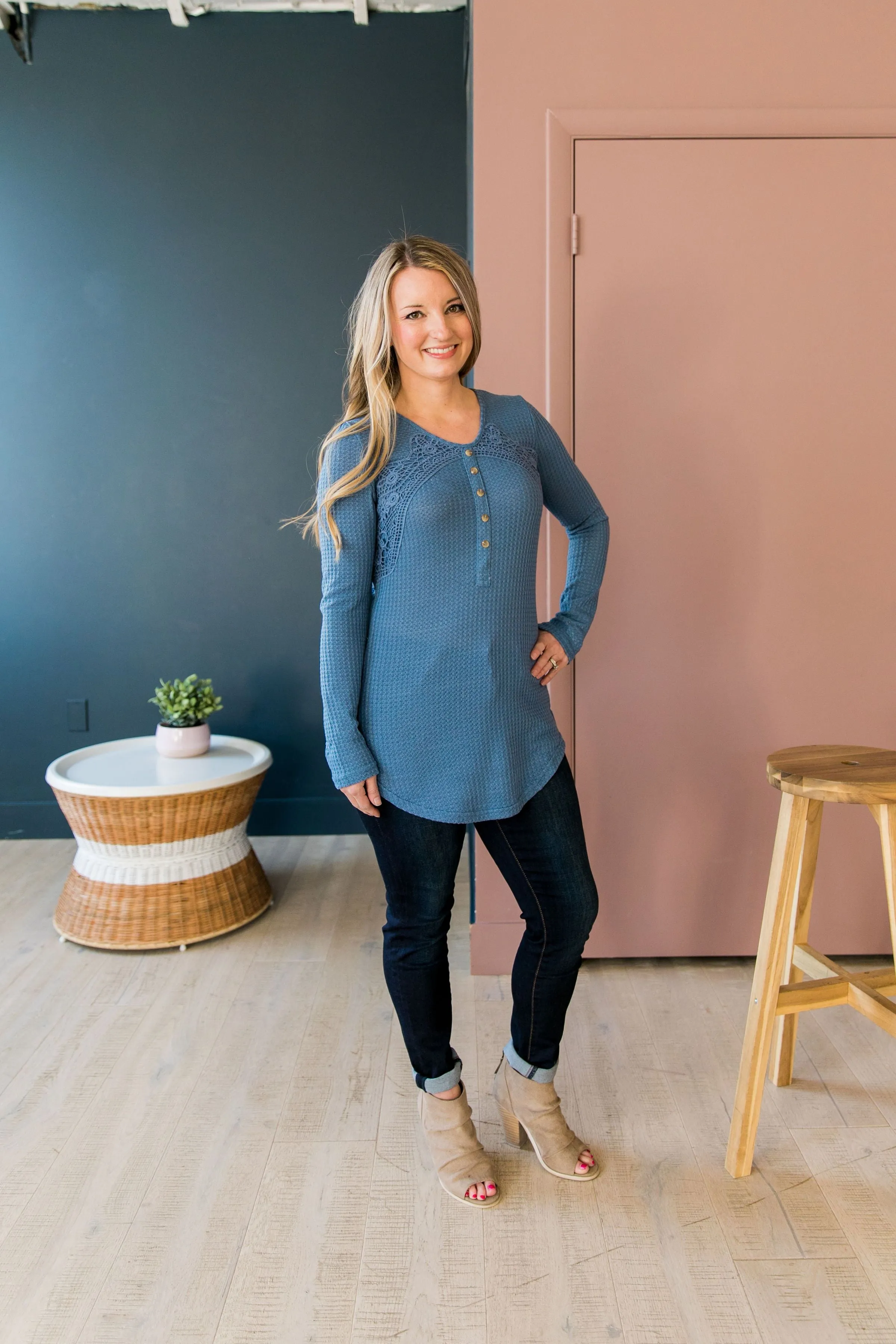 Heidi Lace Trimmed Henley In Denim