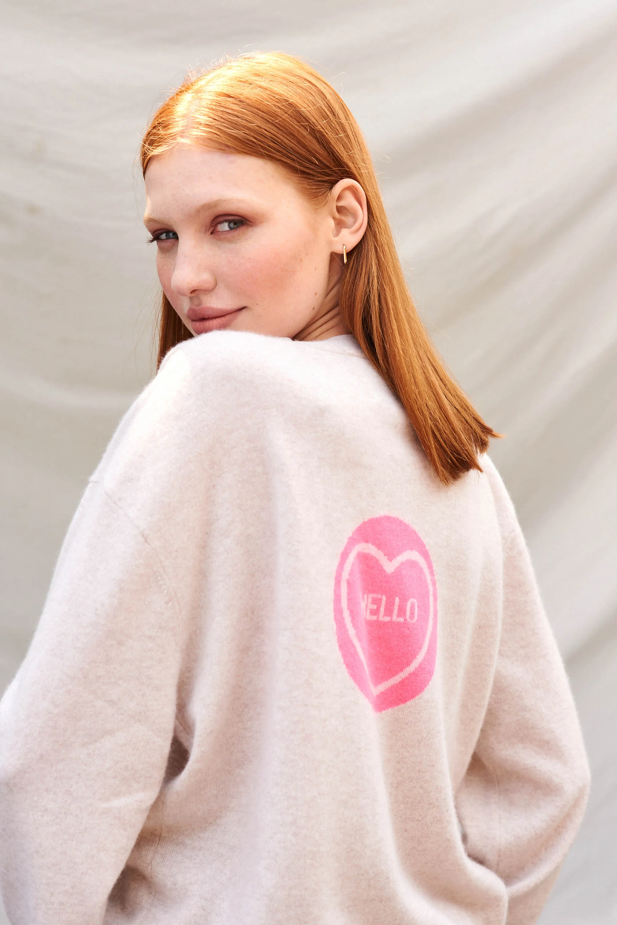 Hello Heart Cashmere Cardigan in Oatmeal and Pink