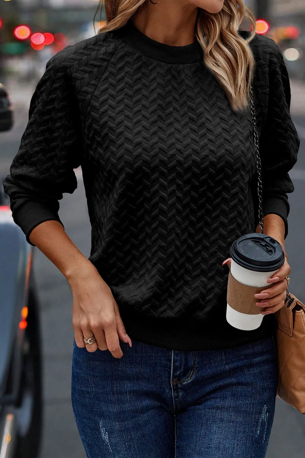 Herringbone Raglan Sleeve Pullover Sweatshirt