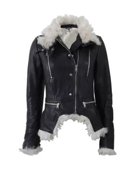 High Neck Leather Jacket With Shearling