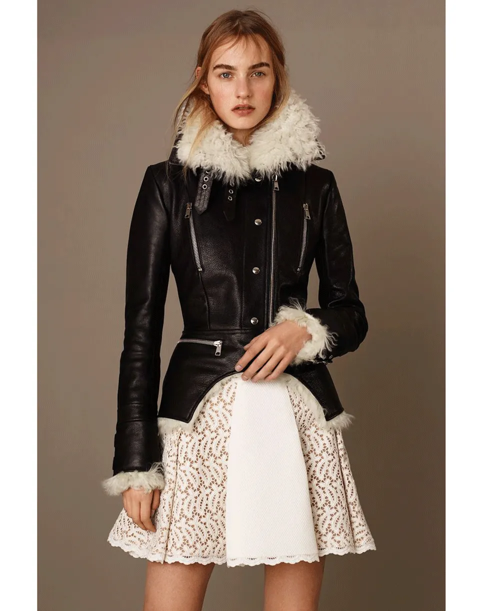 High Neck Leather Jacket With Shearling