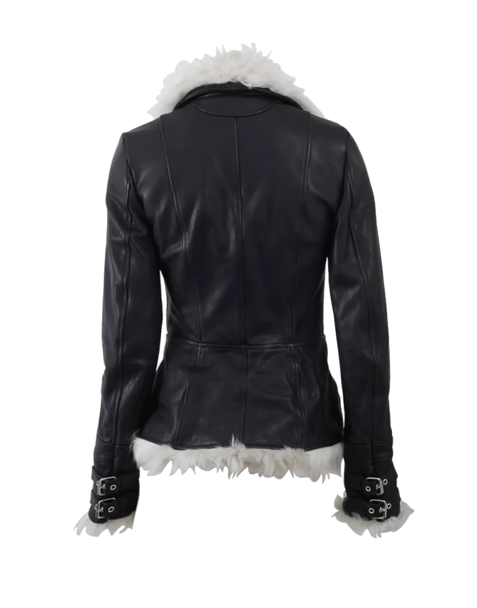 High Neck Leather Jacket With Shearling