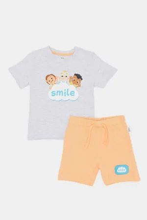 Infant Boys Grey And Coral Coco Smile Print Pyjama Set (2 Piece)