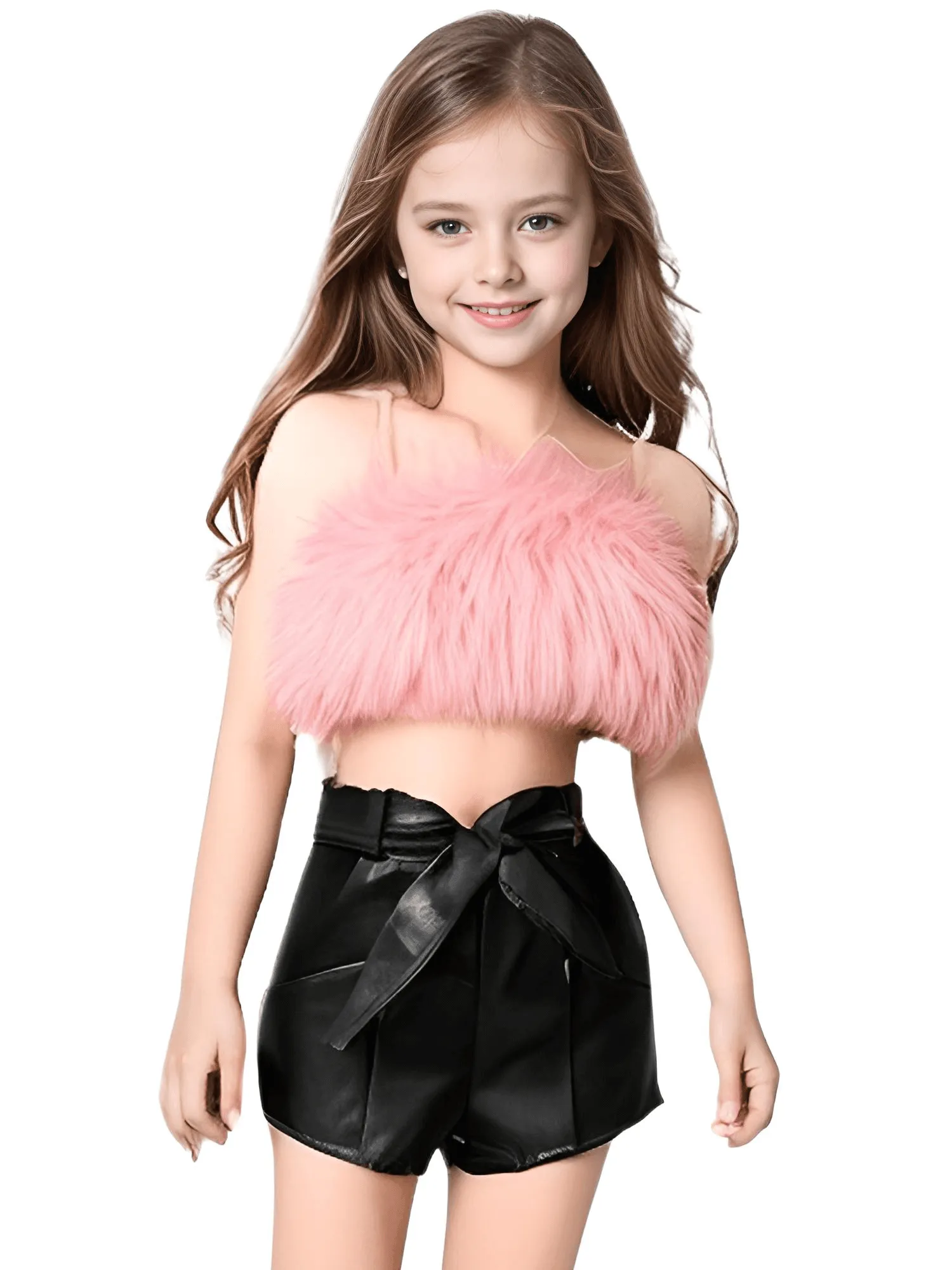 Kid Girl's Shorts Sets Outfit - Sleeveless Plush Crop Top   Faux Leather Shorts with Belt Set