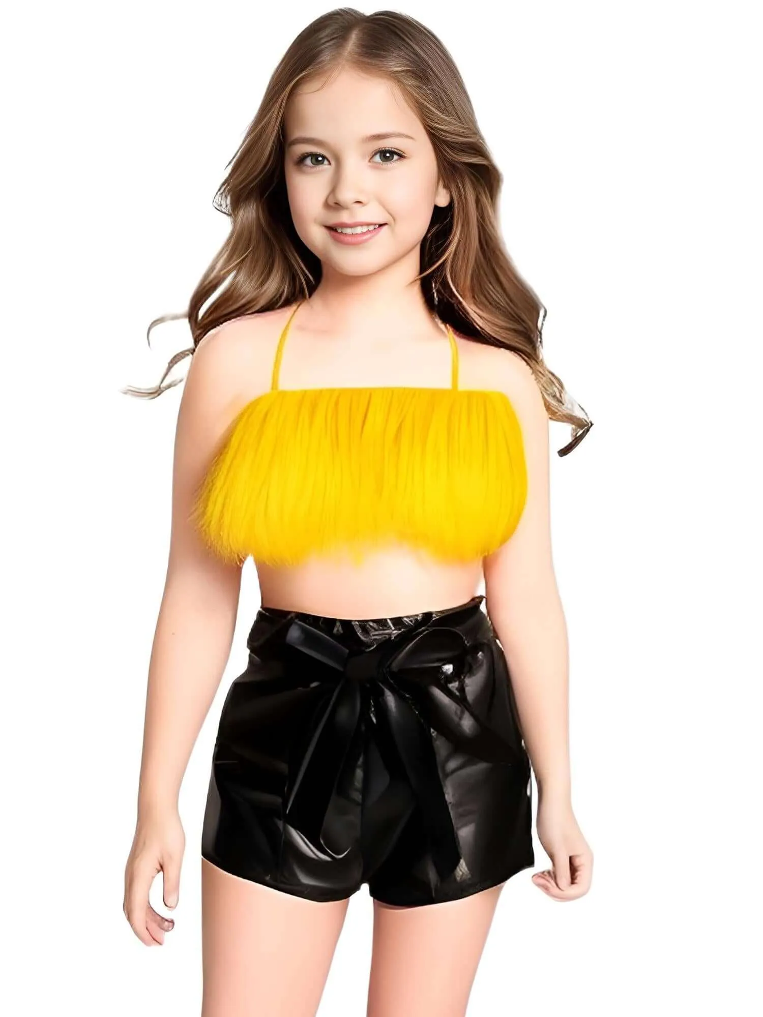 Kid Girl's Shorts Sets Outfit - Sleeveless Plush Crop Top   Faux Leather Shorts with Belt Set