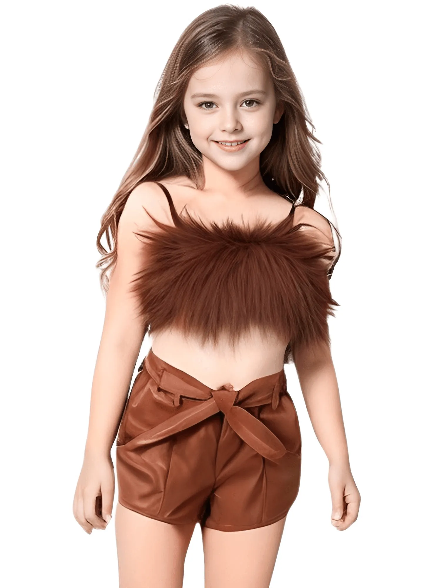 Kid Girl's Shorts Sets Outfit - Sleeveless Plush Crop Top   Faux Leather Shorts with Belt Set