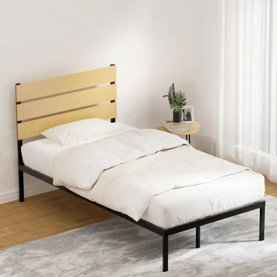 King Single Package | Paula Metal Bed Frame Black With Wooden Headboard & Bonita Euro Top Mattress (Medium Firm)