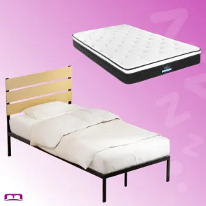 King Single Package | Paula Metal Bed Frame Black With Wooden Headboard & Bonita Euro Top Mattress (Medium Firm)