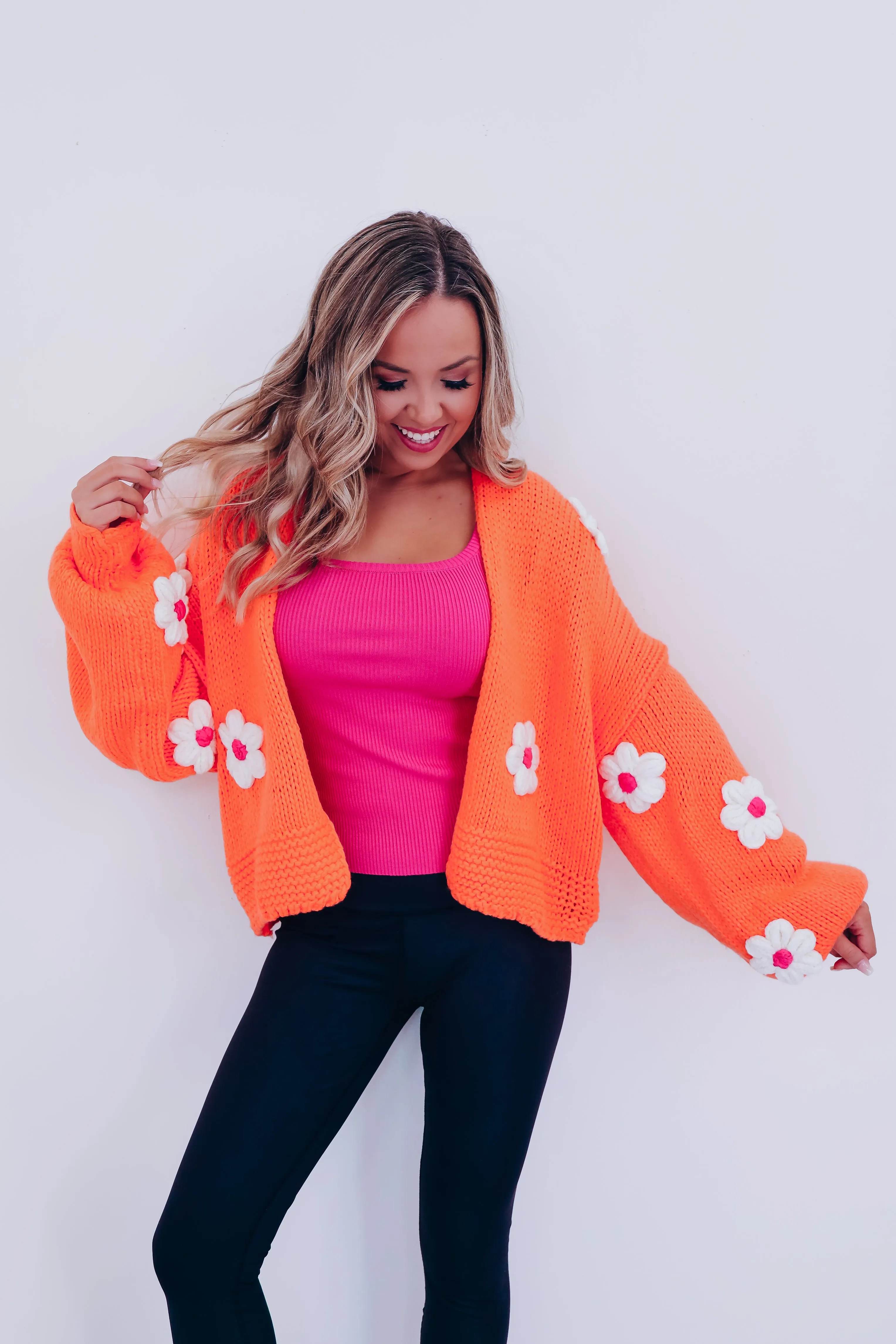 La Fluer Cropped Open Front Cardigan - Orange