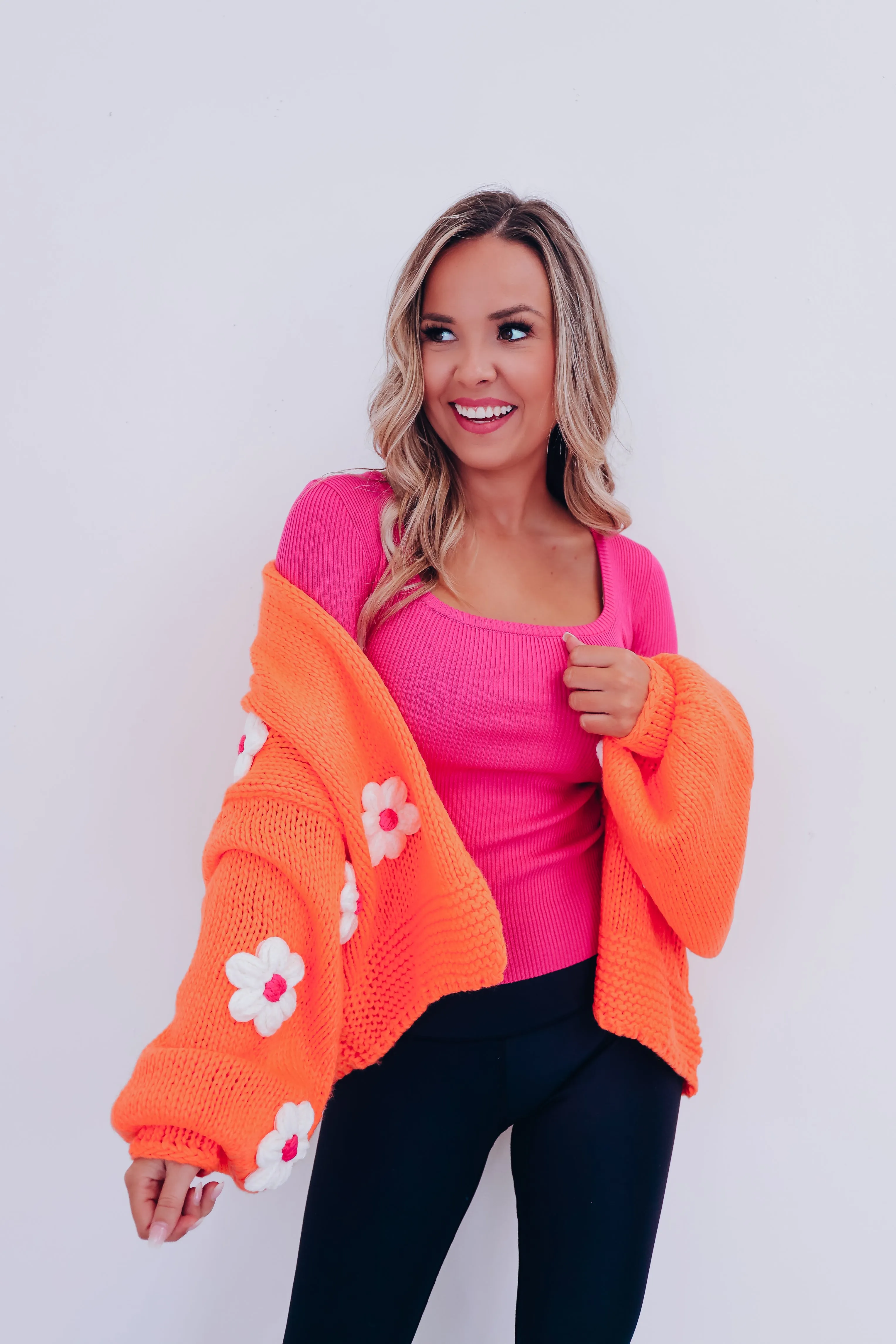 La Fluer Cropped Open Front Cardigan - Orange