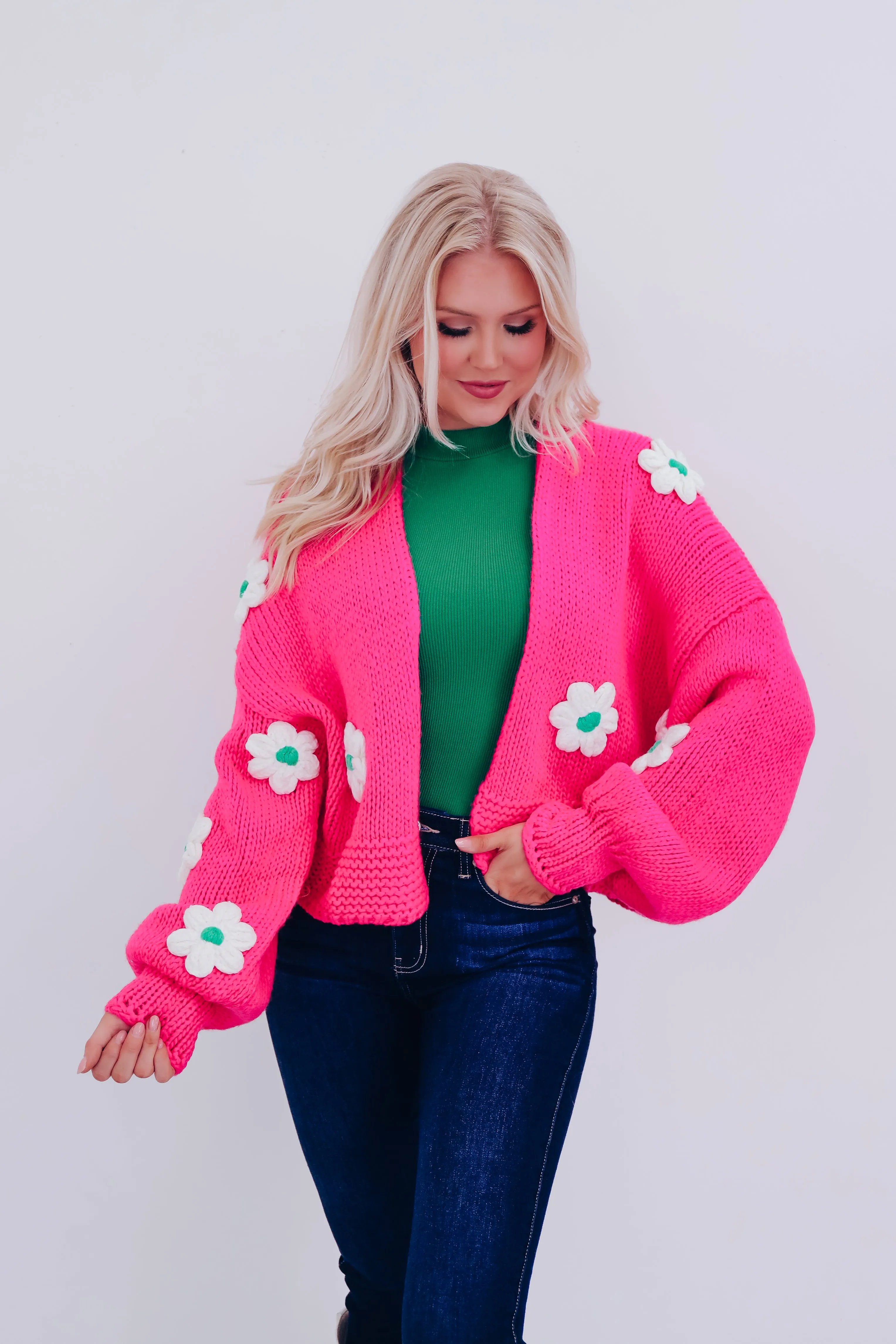 La Fluer Cropped Open Front Cardigan - Pink