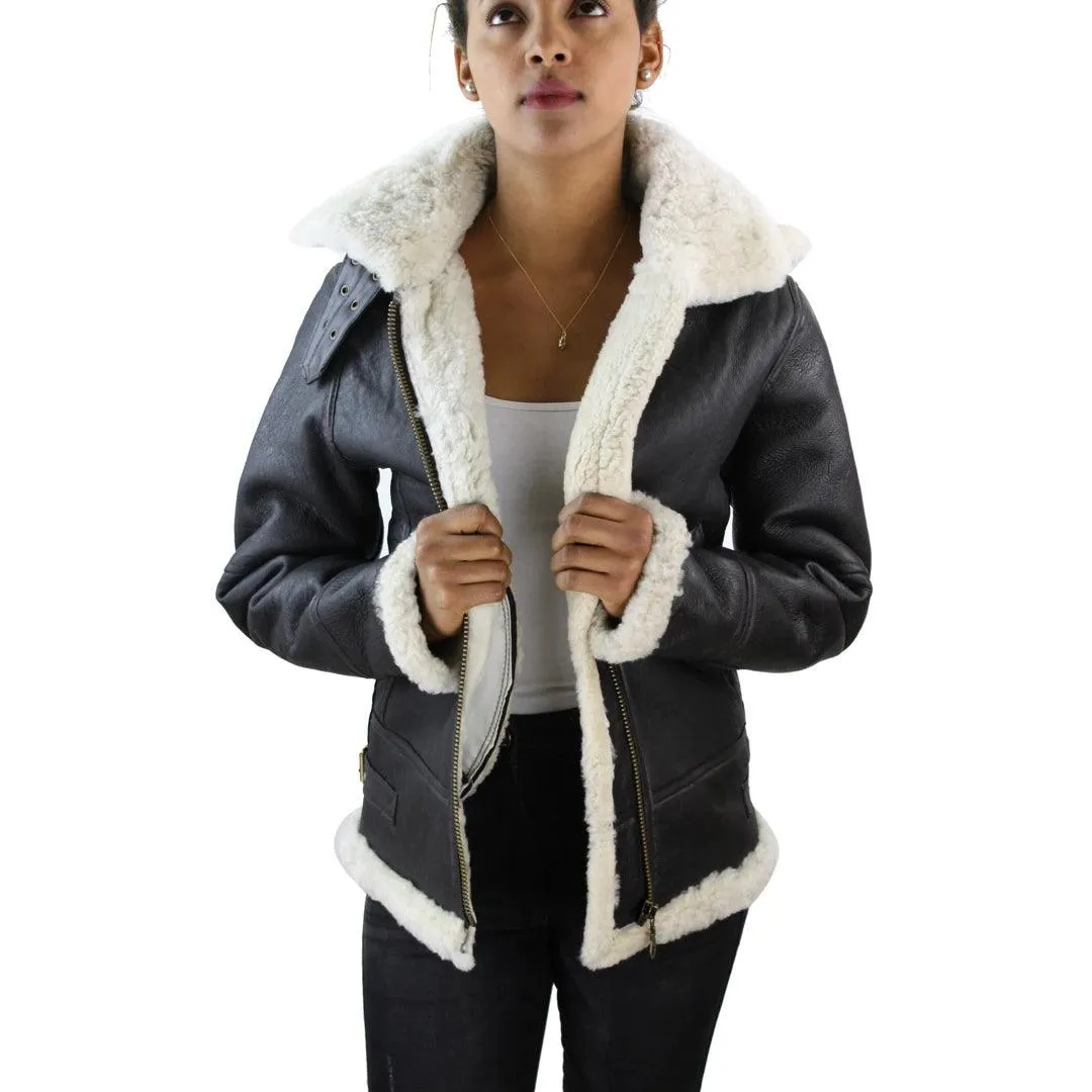 Ladies Aviator White Brown Hooded Real Shearling Sheepskin Leather Jacket