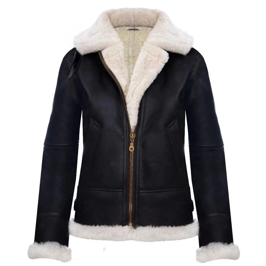 Ladies Aviator White Brown Hooded Real Shearling Sheepskin Leather Jacket