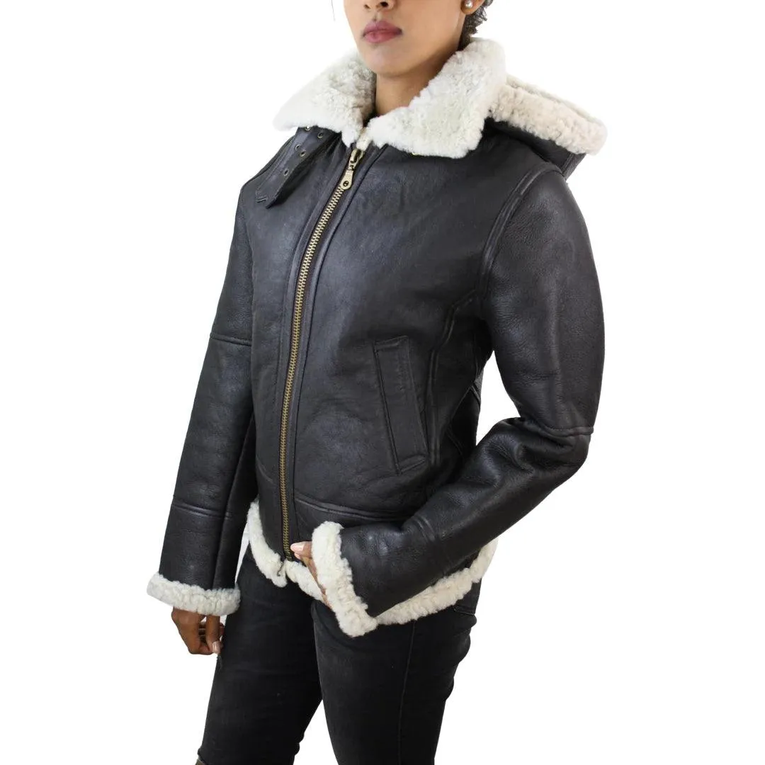 Ladies Aviator White Brown Hooded Real Shearling Sheepskin Leather Jacket