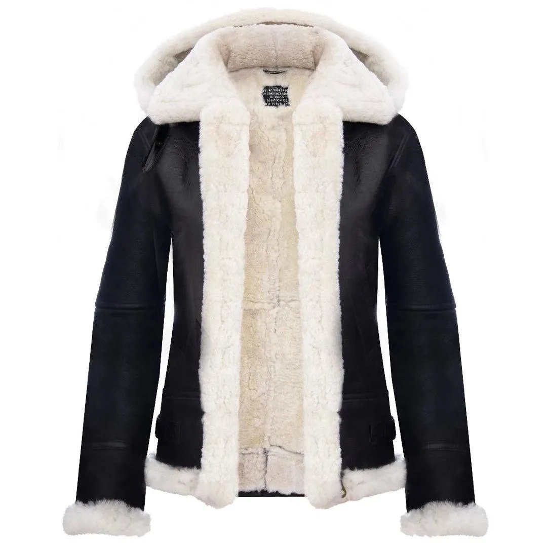 Ladies Aviator White Brown Hooded Real Shearling Sheepskin Leather Jacket