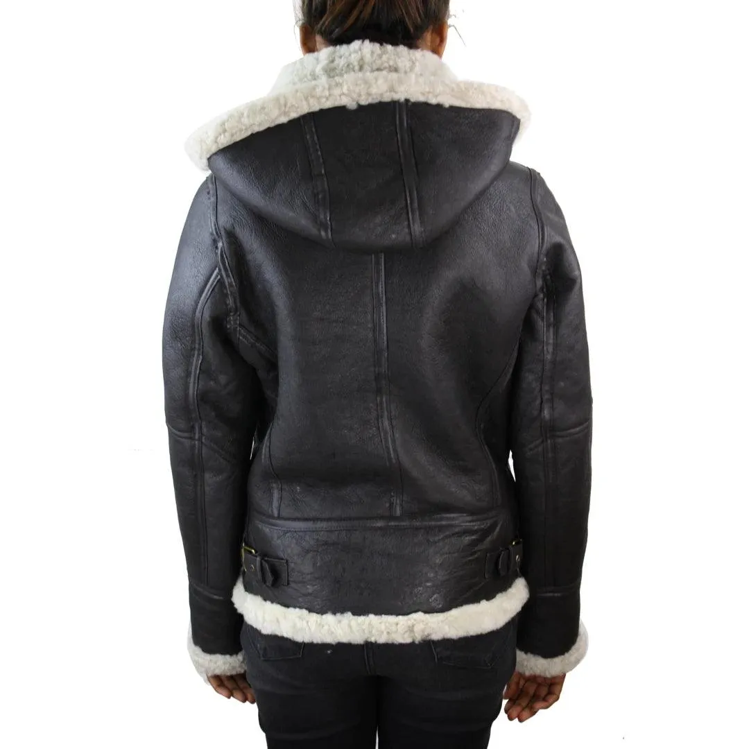 Ladies Aviator White Brown Hooded Real Shearling Sheepskin Leather Jacket