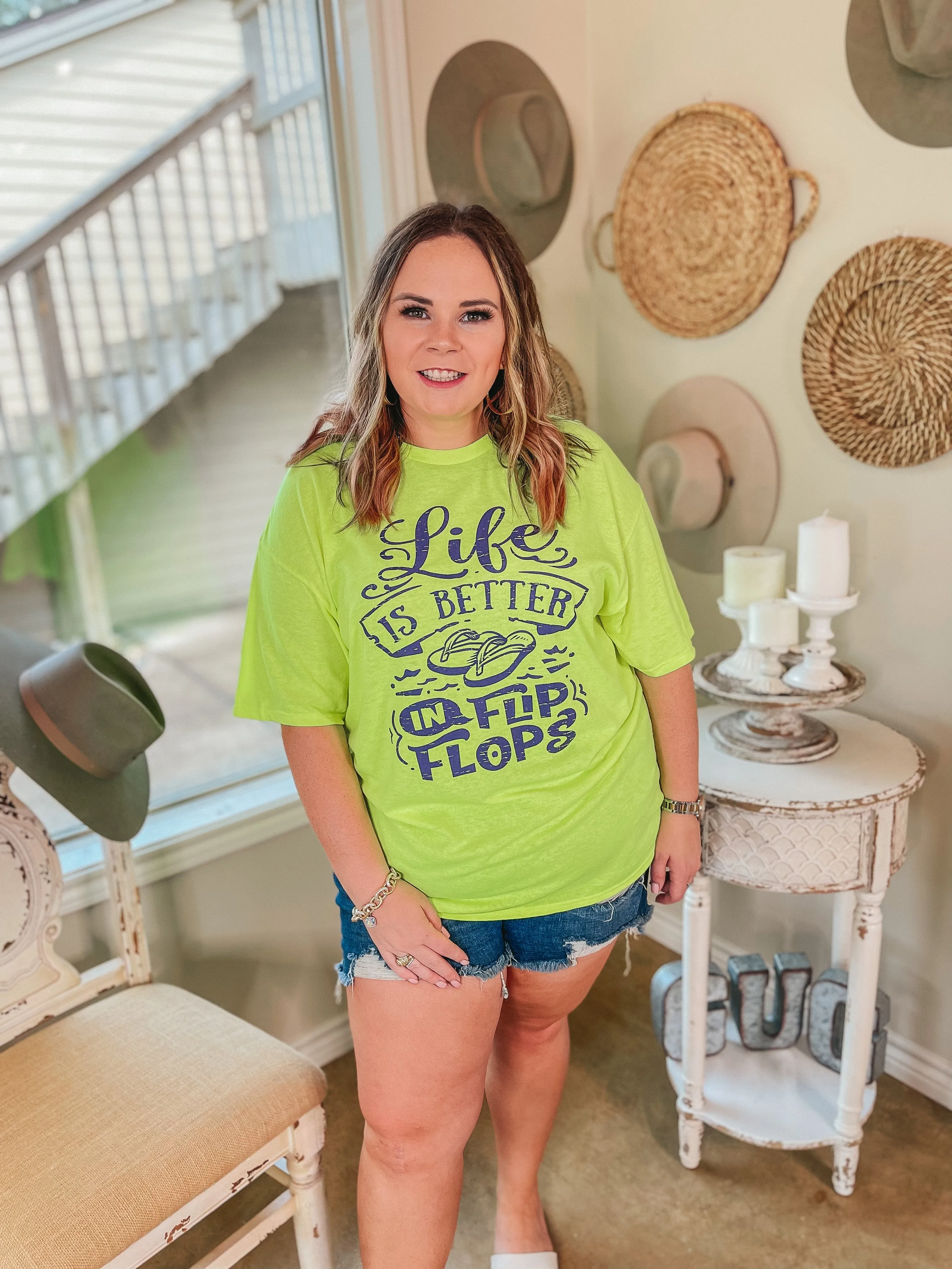 Last Chance Size Small & Medium | Life is Better in Flip Flops Short Sleeve Graphic Tee in Neon Yellow