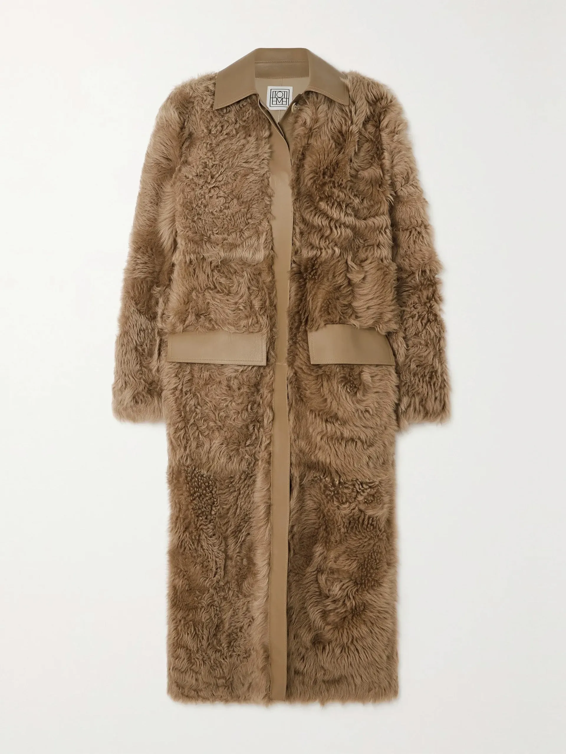 Leather-trimmed shearling coat