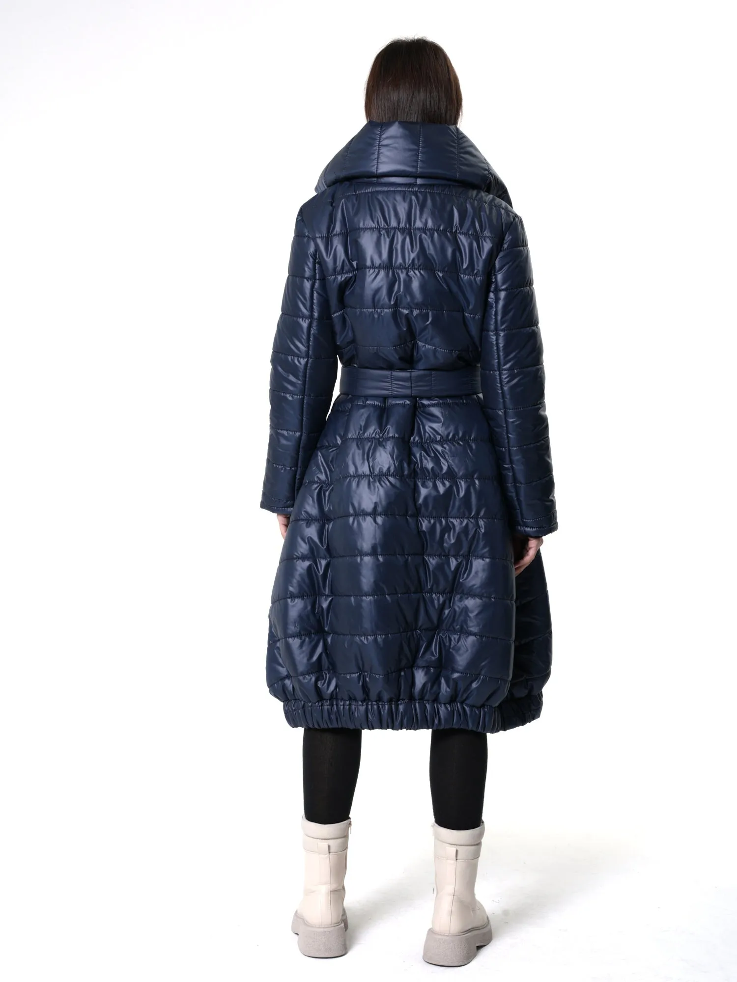 Long Belted Puffer Coat In Blue