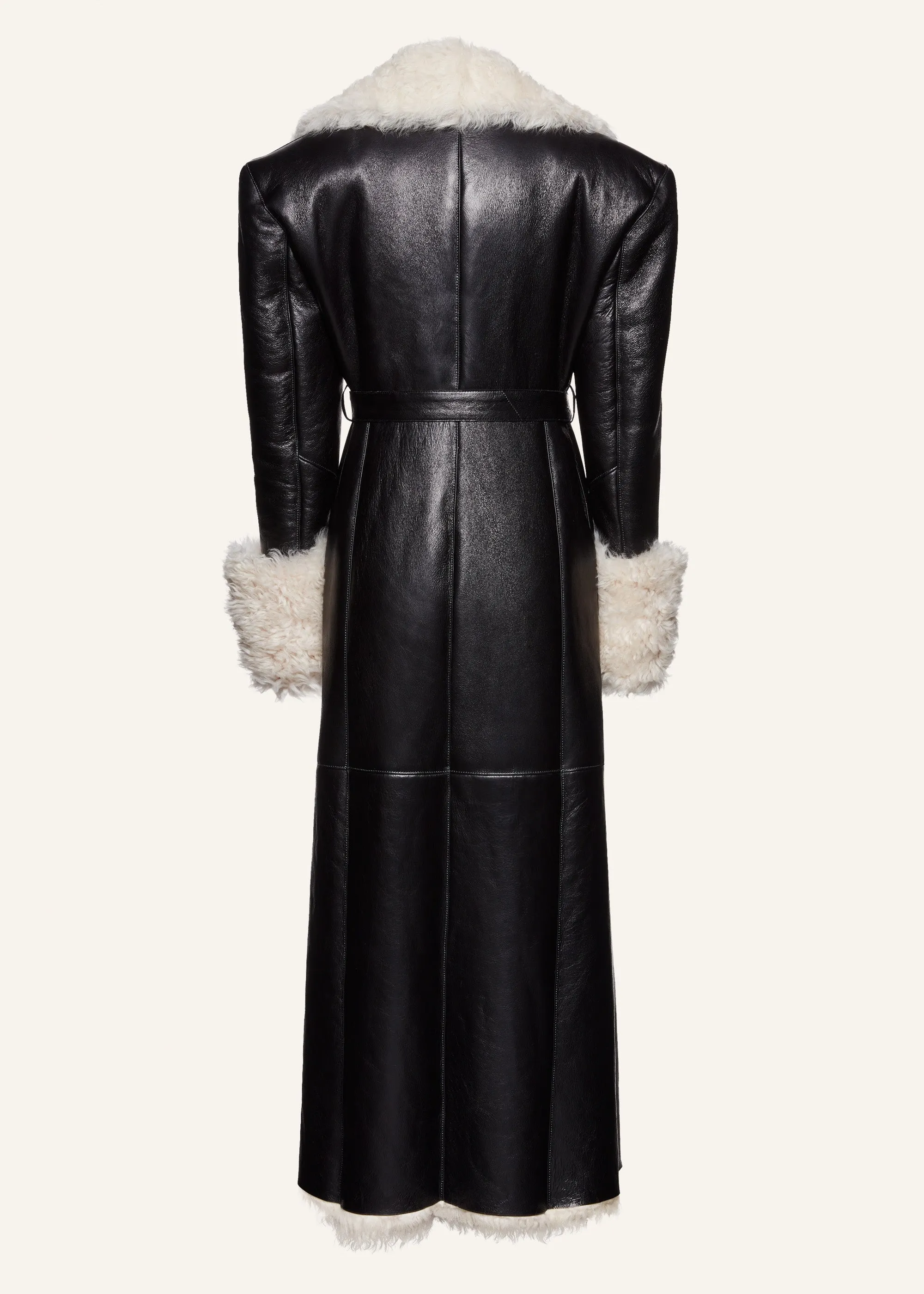 Long belted shearling leather coat in black