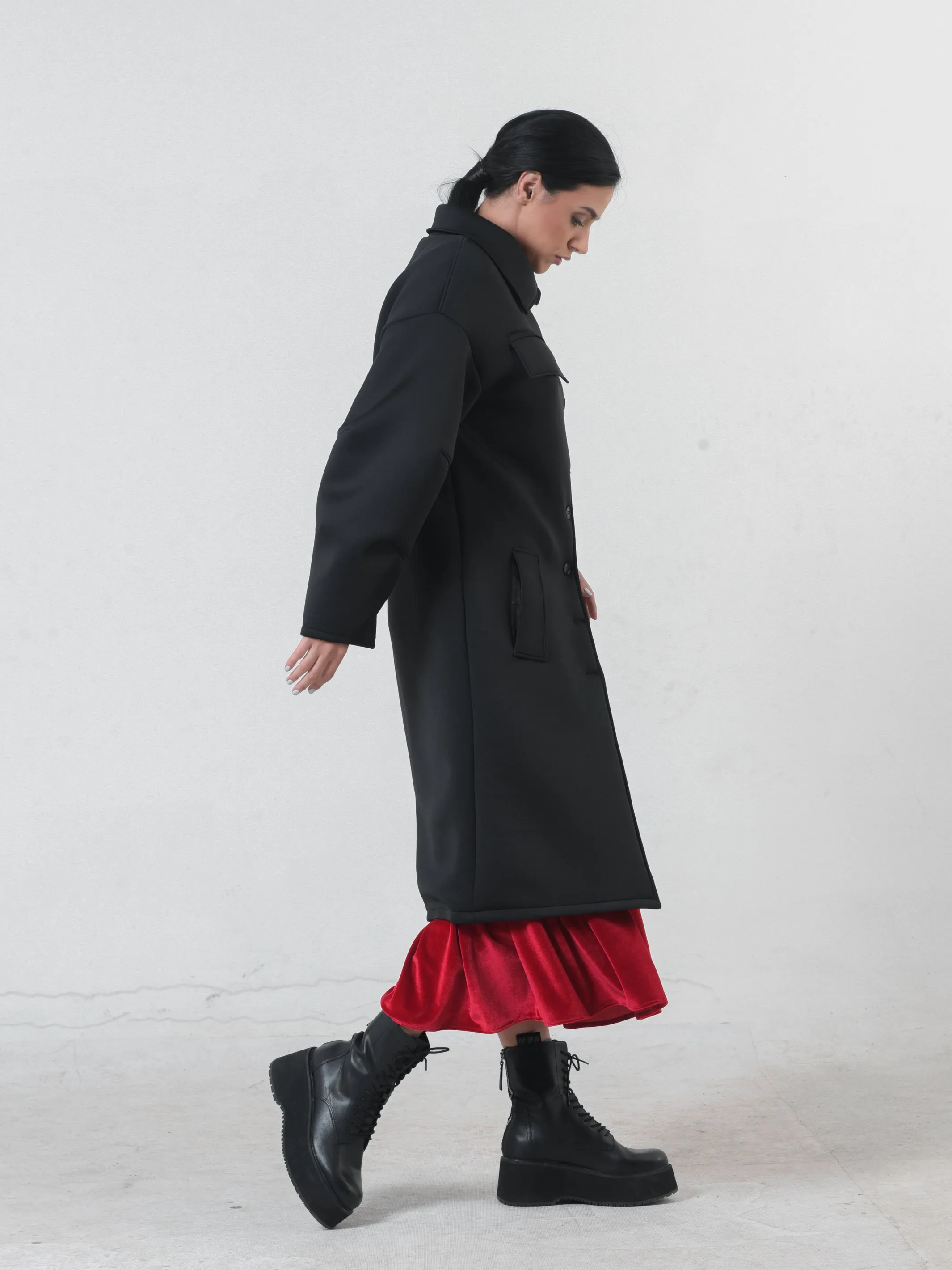 Long Black Neoprene Coat