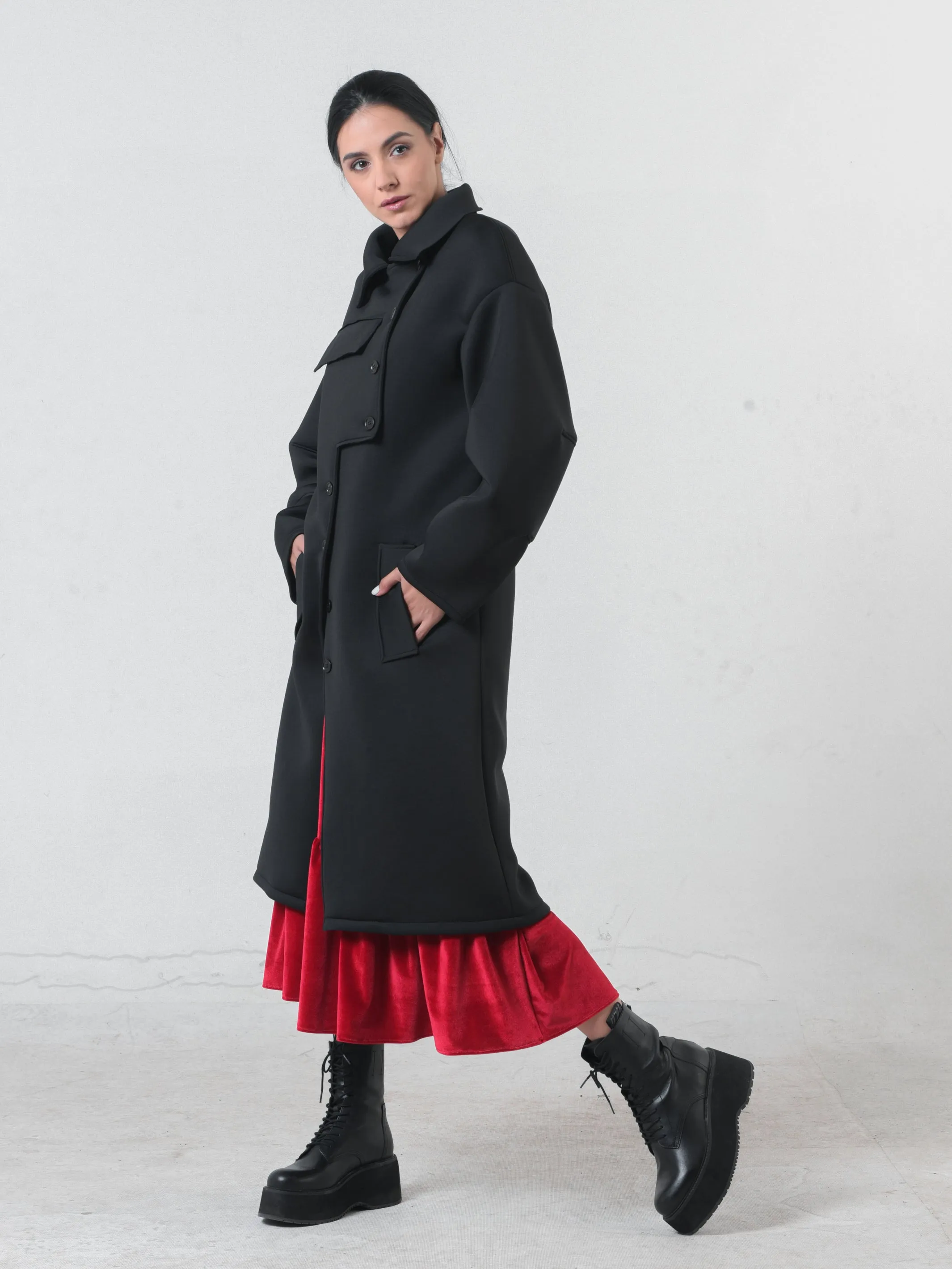 Long Black Neoprene Coat