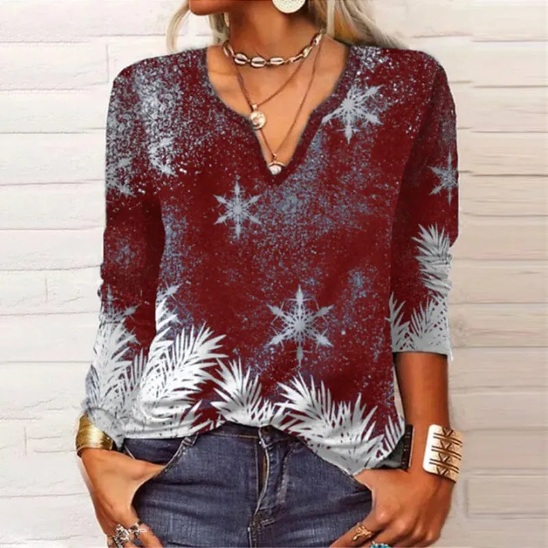 Long Sleeve Floral Christmas V-Neck Button T-Shirt