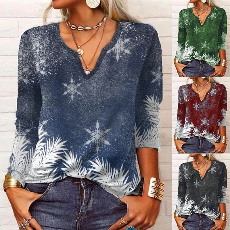 Long Sleeve Floral Christmas V-Neck Button T-Shirt