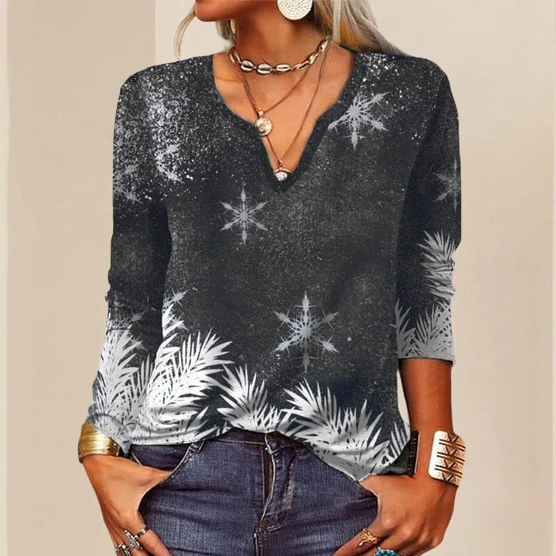 Long Sleeve Floral Christmas V-Neck Button T-Shirt