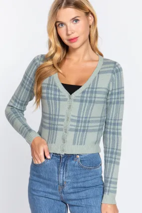 Long Sleeve V-neck Fitted Button Down Plaid Sweater Cardigan